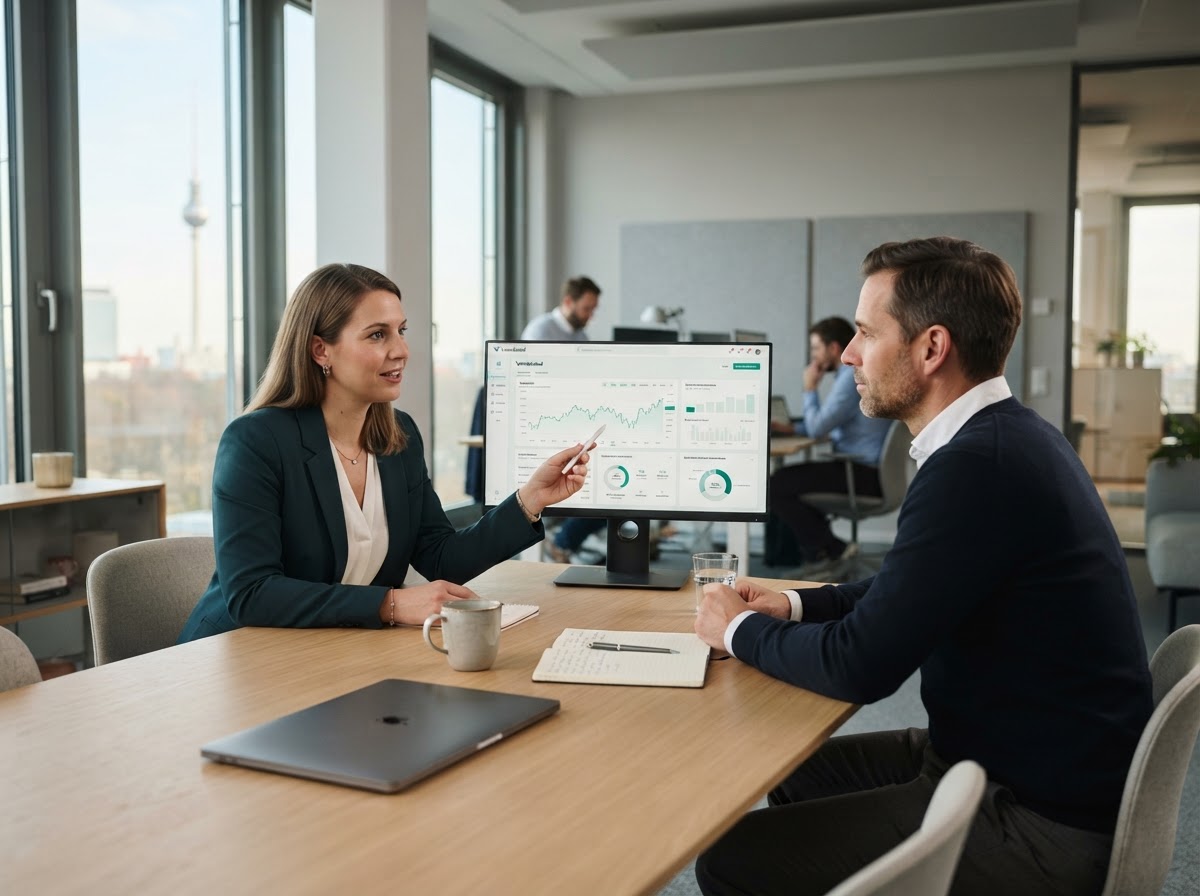 Vronskaled Team bei der Analyse von Finanzdaten in ruhiger Büroumgebung